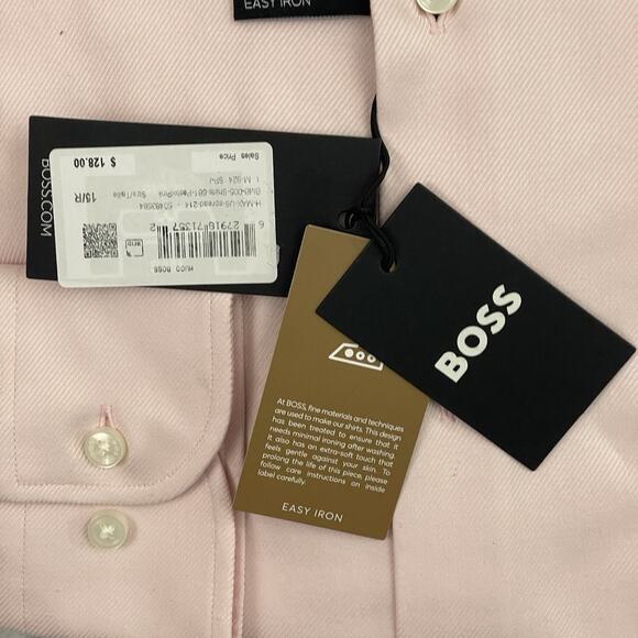 Hugo Boss Dress Shirt Mens 15 32/33 Pink Max Sharp Fit Easy Iron Stretch Cotton - Picture 5 of 6